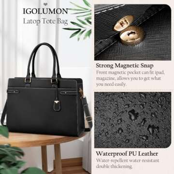 IGOLUMON Laptop Bag for Women 15.6 Inch Leather Tote Bag Professional Work Bag Waterproof Computer Briefcase Business Office Bag Large Capacity Handbag Shoulder Bag, Black
