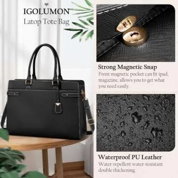 IGOLUMON Laptop Bag for Women 15.6 Inch Leather Tote Bag Professional Work Bag Waterproof Computer Briefcase Business Office Bag Large Capacity Handbag Shoulder Bag, Black