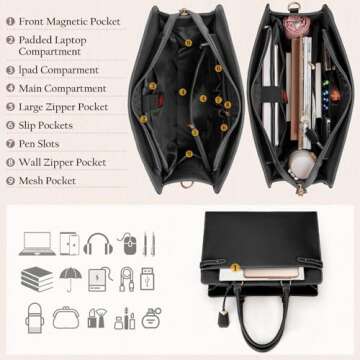 IGOLUMON Laptop Bag for Women 15.6 Inch Leather Tote Bag Professional Work Bag Waterproof Computer Briefcase Business Office Bag Large Capacity Handbag Shoulder Bag, Black