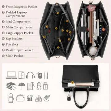 IGOLUMON Laptop Bag for Women 15.6 Inch Leather Tote Bag Professional Work Bag Waterproof Computer Briefcase Business Office Bag Large Capacity Handbag Shoulder Bag, Black