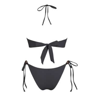 VOLAFA Women's Triangle Bikini Sets Halter Textured Beaded Solid Tie Cheeky Swimsuit Two Piece Bathing Suit (Small, Carbon Black)