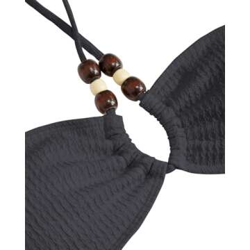 VOLAFA Women's Triangle Bikini Sets Halter Textured Beaded Solid Tie Cheeky Swimsuit Two Piece Bathing Suit (Small, Carbon Black)