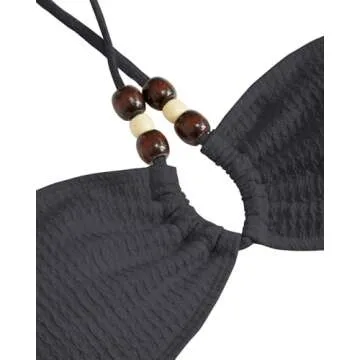 VOLAFA Women's Triangle Bikini Sets Halter Textured Beaded Solid Tie Cheeky Swimsuit Two Piece Bathing Suit (Small, Carbon Black)