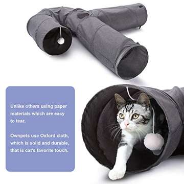 Ownpets Cat Tunnel - Large 3 Way Collapsible Cloth Pet Tunnel Tube with Plush Ball & Feather Toy, U-...