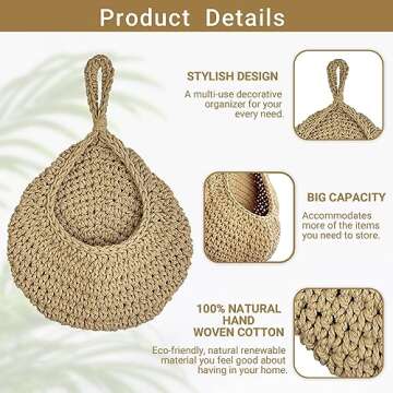 FUVLFAL Hanging Fruit Baskets for Kitchen, Produce Basket for Fruits Vegetable Potato Onion Storage, Wall Mount Teardrop Bohemian Handwoven Decor Set of 3 with 6 Pcs Strong Hooks