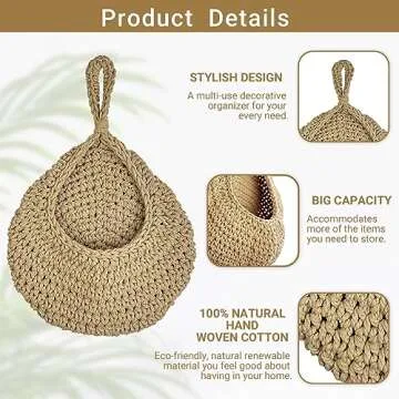 FUVLFAL Hanging Fruit Baskets for Kitchen, Produce Basket for Fruits Vegetable Potato Onion Storage, Wall Mount Teardrop Bohemian Handwoven Decor Set of 3 with 6 Pcs Strong Hooks