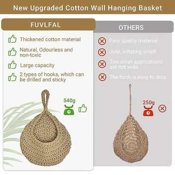 FUVLFAL Hanging Fruit Baskets for Kitchen, Produce Basket for Fruits Vegetable Potato Onion Storage, Wall Mount Teardrop Bohemian Handwoven Decor Set of 3 with 6 Pcs Strong Hooks