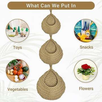 FUVLFAL Hanging Fruit Baskets for Kitchen, Produce Basket for Fruits Vegetable Potato Onion Storage, Wall Mount Teardrop Bohemian Handwoven Decor Set of 3 with 6 Pcs Strong Hooks