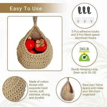 FUVLFAL Hanging Fruit Baskets for Kitchen, Produce Basket for Fruits Vegetable Potato Onion Storage, Wall Mount Teardrop Bohemian Handwoven Decor Set of 3 with 6 Pcs Strong Hooks