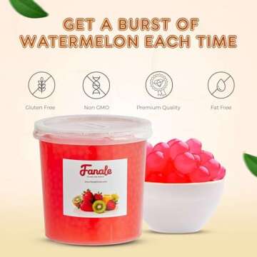Fanale Watermelon Popping Boba Pearls, Vegan, Non GMO, Gluten Free, Fat Free, Perfect for Bubble Tea, Smoothies, Ice Cream, Desserts, and Beverages.