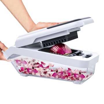 BASSWOOD Vegetable Chopper with Container, Cheese Grater Hand Crank, Box Mandoline Slicer Food Cutter Shredder Mandolin for Veggie Onion Salad