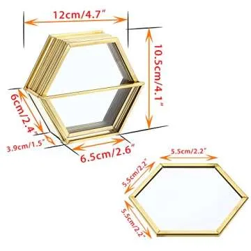 JuxYes Set of 7 Glass Coasters with Holder, Gold Elegant Cup Coasters Set for Coffee Tea Wine, Square Brass Edge Glass Cups Mats Coasters for Coffee Table (Hexagon)