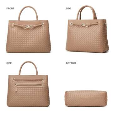 Woven Bag for Women Shoulder Purse: Vegan Leather Handbag - Handmade Tote Bag - Elegant Satchel Bag with Bowknot (Khaki Color)