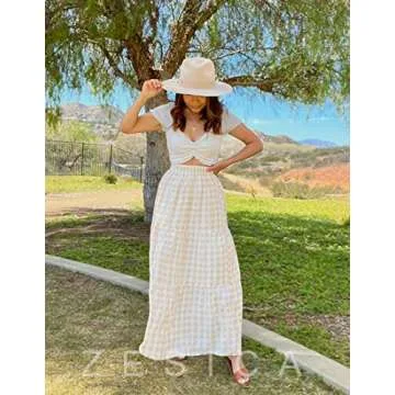 ZESICA Women's 2025 Summer Plaid Flower Elastic High Waist Flowy A Line Maxi Skirt with Pockets,Apricot,Large