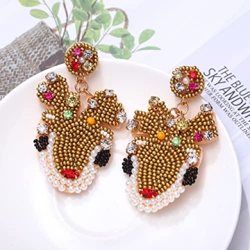 Christmas Eaarrings for Women Beaded Rhinestone Christmas Reindeer Earrings Xmas Statement Drop Dangle Earrings Christmas Holiday Party Decoration Gifts