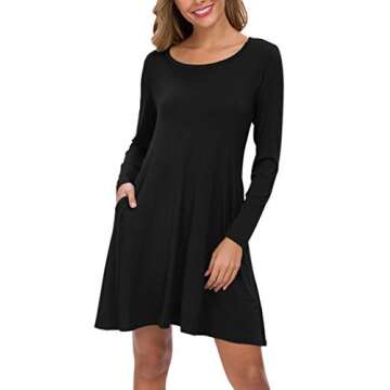 AUSELILY Women's Solid Plain Long Sleeve Pockets Casual Swing T-Shirt Dresses (M,Black)