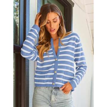 LILLUSORY Women's Striped Cardigan Sweaters Fall Outfits Clothes Fashion Trendy Long Sleeve Tops Casual Knit Lady Jackets BlueWhite S