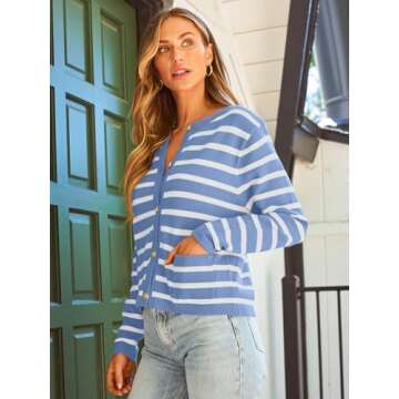 LILLUSORY Women's Striped Cardigan Sweaters Fall Outfits Clothes Fashion Trendy Long Sleeve Tops Casual Knit Lady Jackets BlueWhite S