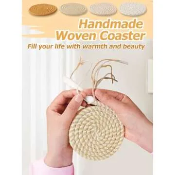 Handmade Woven Drink Coasters, 8 Pcs BOHO Coasters for Home Decor, Heat-resistant Farmhouse Cotton Table Absorbent Coasters for Kinds of Cups New House Gift (4.3in, Yellow/Brown/White)