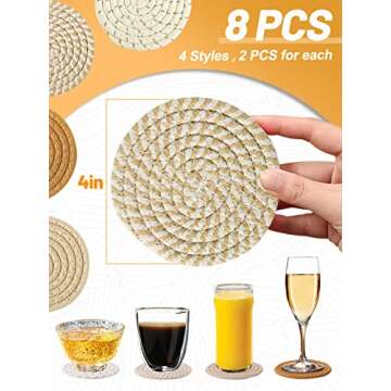 Handmade Woven Drink Coasters, 8 Pcs BOHO Coasters for Home Decor, Heat-resistant Farmhouse Cotton Table Absorbent Coasters for Kinds of Cups New House Gift (4.3in, Yellow/Brown/White)