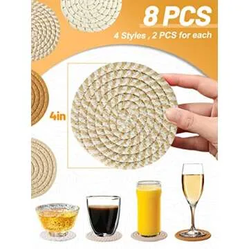 Handmade Woven Drink Coasters, 8 Pcs BOHO Coasters for Home Decor, Heat-resistant Farmhouse Cotton Table Absorbent Coasters for Kinds of Cups New House Gift (4.3in, Yellow/Brown/White)