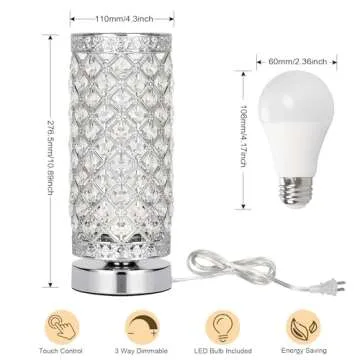 Seaside village Crystal Table Lamp Touch Control Dimmable Accent Desk Lamp Bedside Modern Table Light with Silver Lamp Shade Night Light Fixture for Living Room Bedroom Kitchen