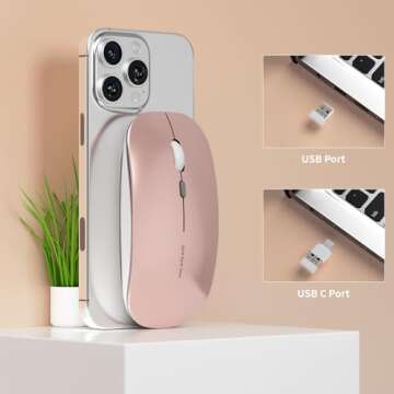 Uciefy Q5 Slim Rechargeable Wireless Mouse, 2.4G Portable Optical Silent Ultra Thin Wireless Computer Mouse with USB Receiver and Type C Adapter, Compatible with PC, Laptop, Desktop (Rose Gold)