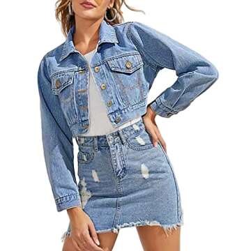 Grabsa Women’s Button Down Long Sleeve Cropped Denim Jean Jacket with Pockets