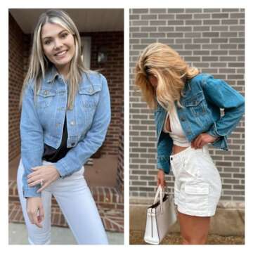 Grabsa Women’s Button Down Long Sleeve Cropped Denim Jean Jacket with Pockets