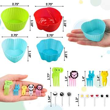 45 Pieces Silicone Cupcake Baking Cups Bento Box Accessories Muffin Cups Rubber Cupcake Liners Reusable Baking Cups and Kids Fruit Picks Animal Food Picks for Kids Lunch Supplies