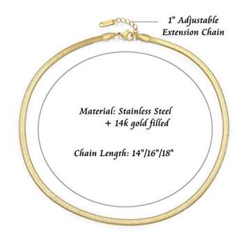 Herringbone Chain Necklace for Women 14k Gold Plated Flat Snake Chain Necklace 4MM Snake Bone Chain Choker Dainty Minimalist Chain for Lady 16 Inches