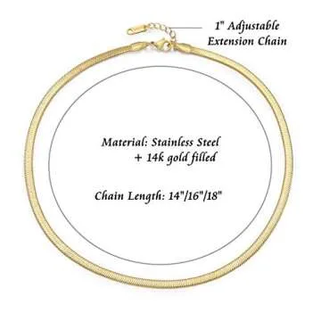 Herringbone Chain Necklace for Women 14k Gold Plated Flat Snake Chain Necklace 4MM Snake Bone Chain Choker Dainty Minimalist Chain for Lady 16 Inches