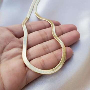 Herringbone Chain Necklace for Women 14k Gold Plated Flat Snake Chain Necklace 4MM Snake Bone Chain Choker Dainty Minimalist Chain for Lady 16 Inches