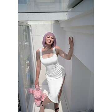 GOKATOSAU Women's Summer Sexy Sleeveless Side Split Bodycon Ruched Midi Tank Dress White