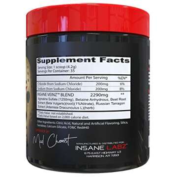 Insane Labz Insane Veinz Non Stimulant NO Enhancing Powder, Nitric Oxide Booster, Loaded with Agmati...