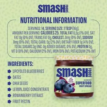 Chia Smash Blueberry Jam | Low-Calorie, No Sugar Added Keto Jam with Upcycled Fruit & Chia Seeds | Vegan, Paleo Superfood Fruit Spread (1 Jar)