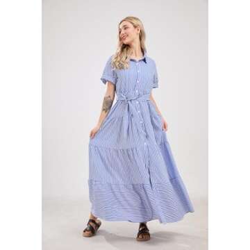 utcoco Womens Casual Short Sleeve Button Down Tie Waist Ruffled Striped Maxi Shirt Dress (Small, Blue)