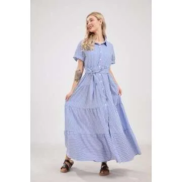 utcoco Womens Casual Short Sleeve Button Down Tie Waist Ruffled Striped Maxi Shirt Dress (Small, Blue)