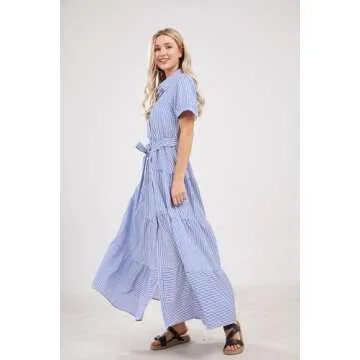 utcoco Womens Casual Short Sleeve Button Down Tie Waist Ruffled Striped Maxi Shirt Dress (Small, Blue)