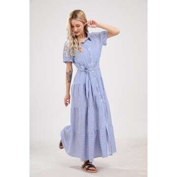 utcoco Womens Casual Short Sleeve Button Down Tie Waist Ruffled Striped Maxi Shirt Dress (Small, Blue)