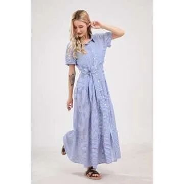 utcoco Womens Casual Short Sleeve Button Down Tie Waist Ruffled Striped Maxi Shirt Dress (Small, Blue)