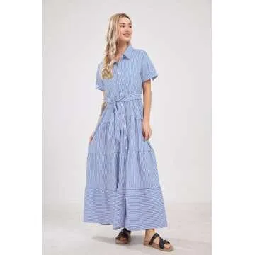 utcoco Womens Casual Short Sleeve Button Down Tie Waist Ruffled Striped Maxi Shirt Dress (Small, Blue)