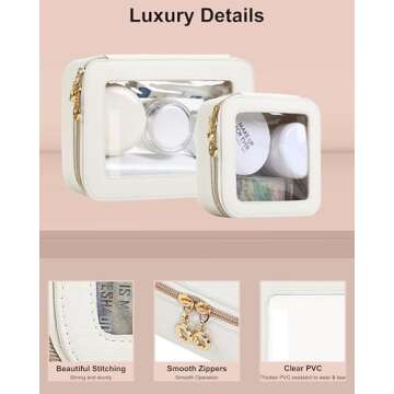 JRQCSJY Leather Clear Makeup Bags Set - Travel Clear Cosmetic Bag Case with Zipper, Transparent TSA Approved Toiletry Bags for Travel Essentials Car Accessories for Women (White, S+M)