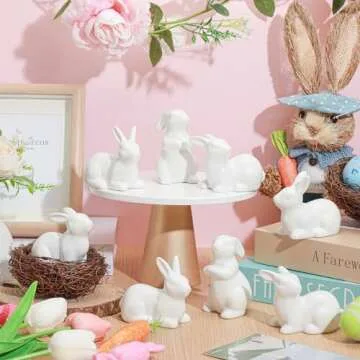 Nuenen 8 Pcs Mini White Ceramic Bird Decor Ceramic White Chubby Birds Small Animal 3.5 Inch Spring Easter Porcelain Modern Home Decor for Living Room, Bedroom, Cabinets, Office Desktop (Rabbit)