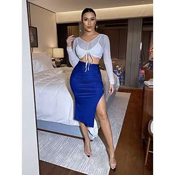 Floerns Women's Solid High Waisted Ruched Split Thigh Bodycon Midi Skirt Royal Blue L