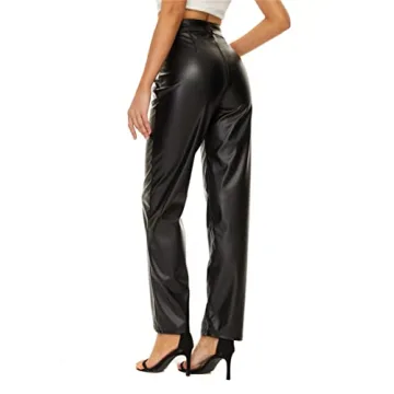 MYOURSA Faux Leather Pants for Women High Waist Straight Leg Soft Relaxed Fit Pu Leather Pants with Pockets, Black, Medium