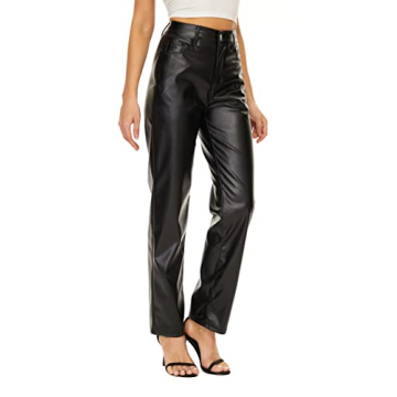 MYOURSA Faux Leather Pants for Women High Waist Straight Leg Soft Relaxed Fit Pu Leather Pants with Pockets, Black, Medium