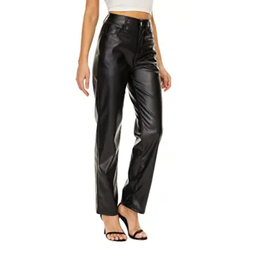 MYOURSA Faux Leather Pants for Women High Waist Straight Leg Soft Relaxed Fit Pu Leather Pants with Pockets, Black, Medium