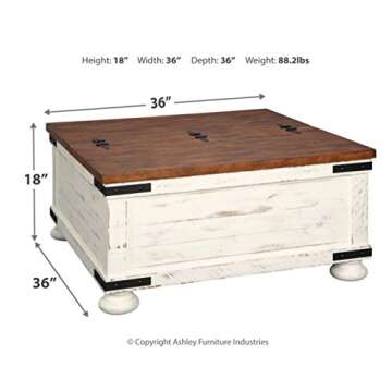 Signature Design by Ashley Wystfield Farmhouse Square Storage Coffee Table with Hinged Lift Top, Distressed White