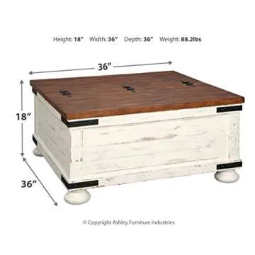 Signature Design by Ashley Wystfield Farmhouse Square Storage Coffee Table with Hinged Lift Top, Distressed White
